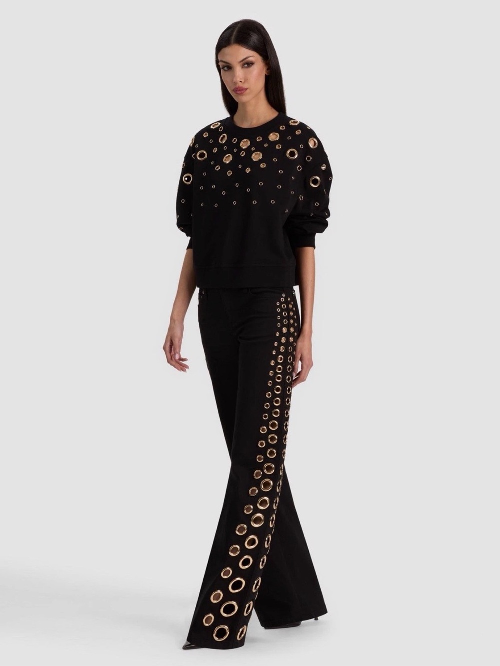 Alice Olivia Black Wide-Leg Grommet-Trim Pants Roxie 28 Black - Picture 4 of 4